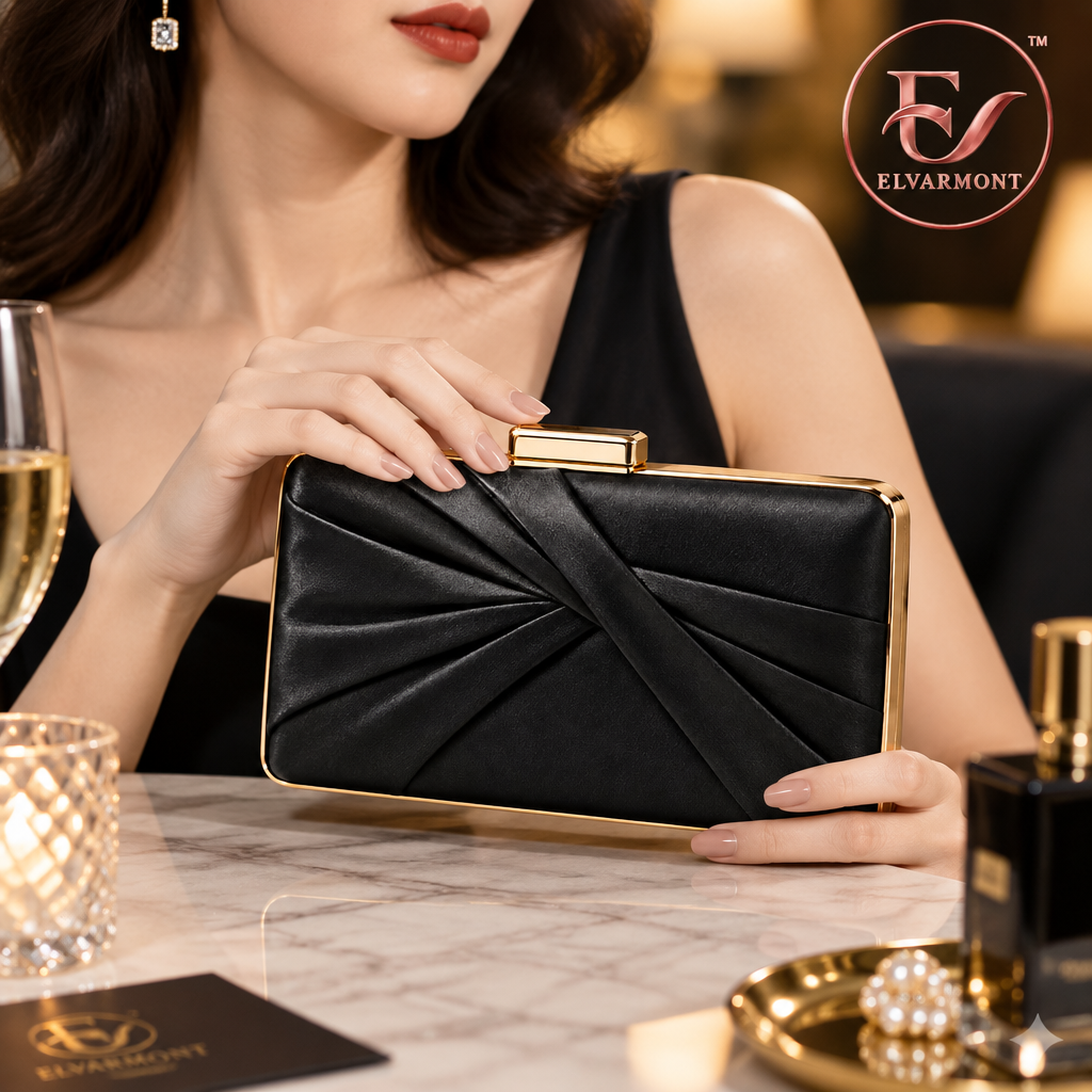 Elvarmont™ Victoria Black Satin Evening Clutch styled view
