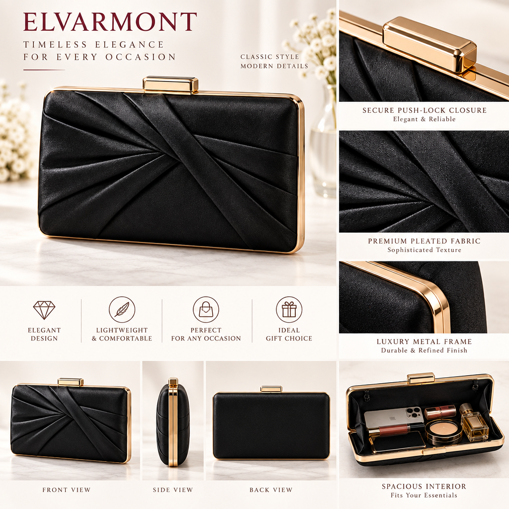 Elvarmont™ Victoria Black Satin Evening Clutch details