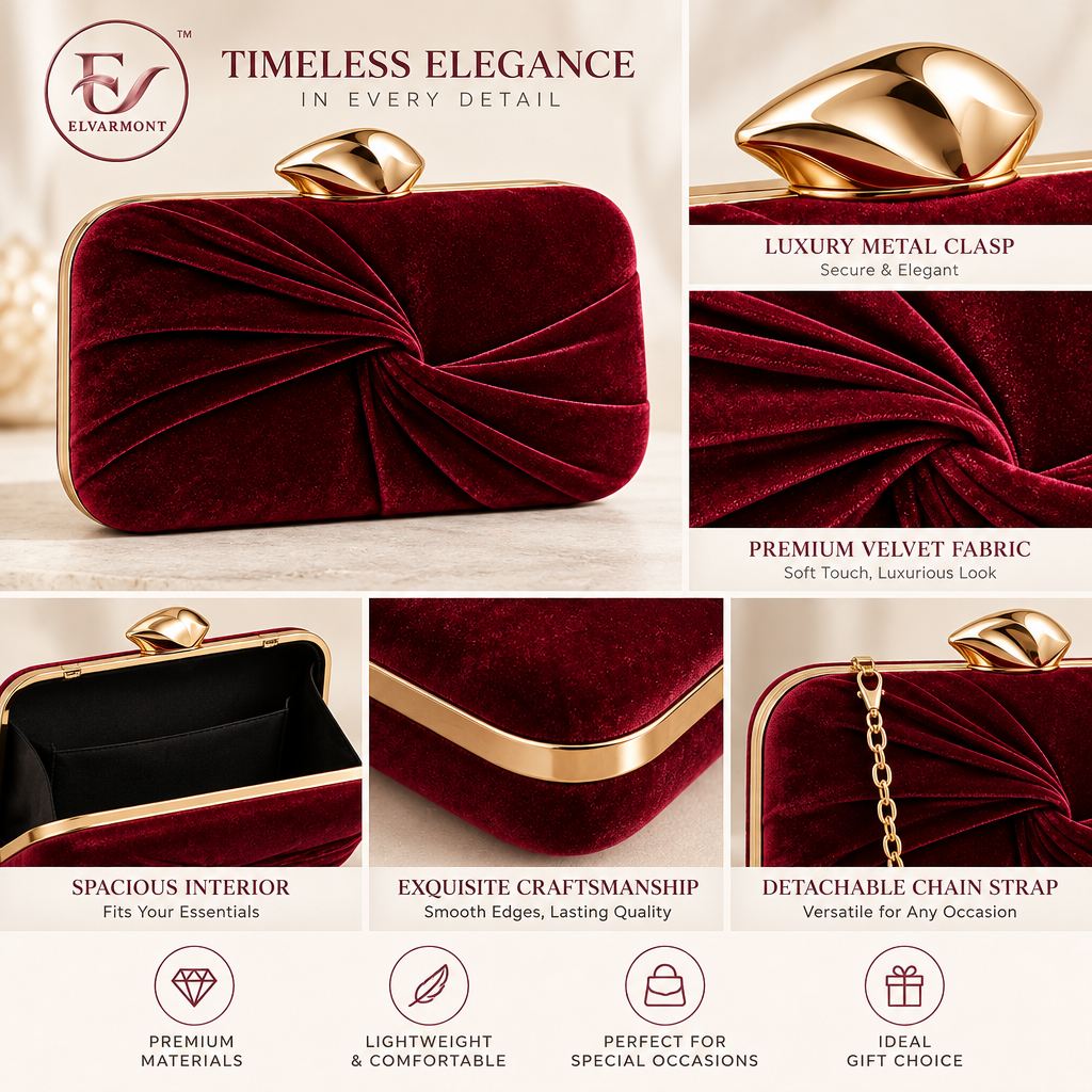 Elvarmont™ Isabella Burgundy Velvet Clutch details